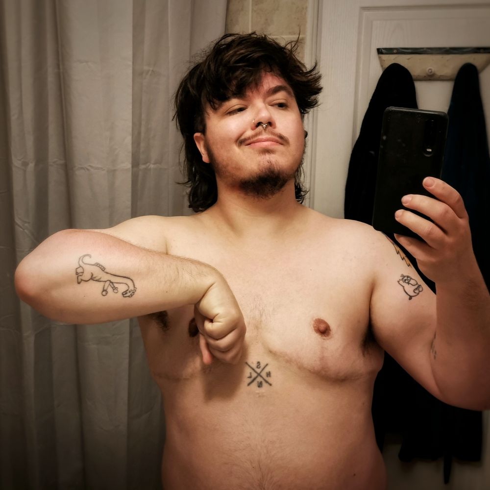 Selfie torse nu devant un miroir où je fais le beau (avec mes petits muscles)