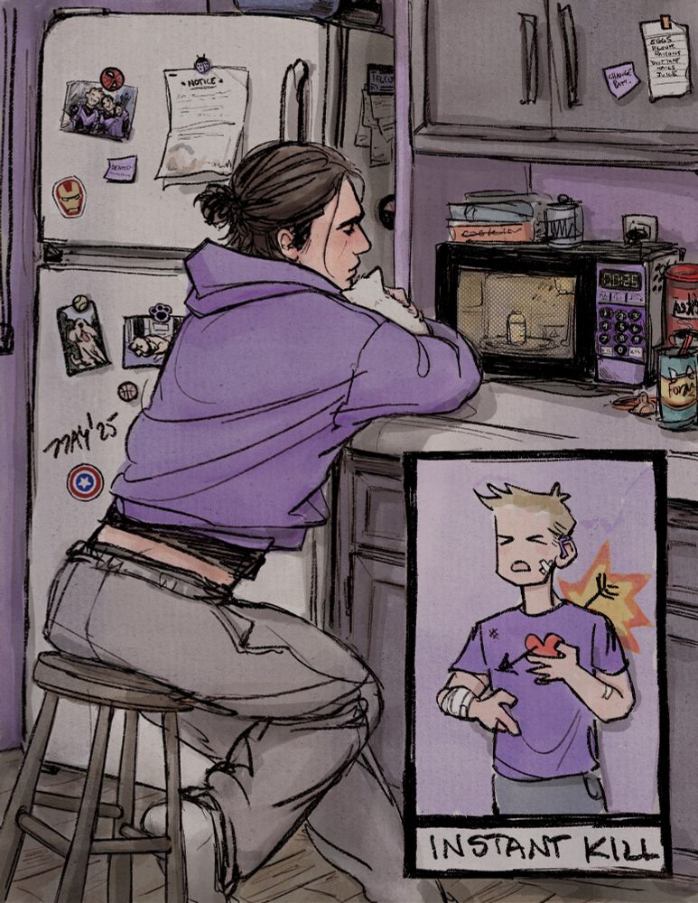 Digital illustration. Fanart of Bucky Barnes holding Alpine (a white kitten), he is sitting on a stool in front of a microwave where he is warming up kitten formula for Alpine. He is wearing grey sweatpants and a purple hoodie (clothes borrowed from Clint) and his hair is up in a messy halfup bun. He is in Clint Barton’s kitchen, the walls and microwave are purple, there are photos of Lucky the dog and a photo of Clint and Kate Bishop stuck the fridge with magnets amongst other magnets and notes. General clutter surrounds the microwave on the counter. 

In the bottom right corner a frame on top of the image described above has a cartoonish Clint Barton holding a hand over his heart which an arrow is going through (silly style like a cupid arrow) and his eyes are screwed shut. Under him are the words “INSTANT KILL”. Clint is wearing a purple tshirt and has a purple hearing aid, he also has a few white bandages/bandaids on him. 