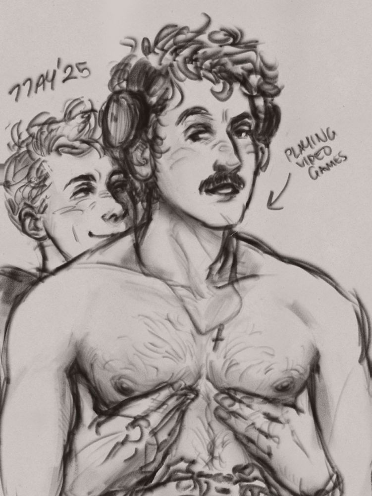 Fanart sketch of top gun characters, Jake is smirking and grabbing Bradley’s chest from behind, bradley is shirtless, smirking back, and holding a video game controller, he’s got headphones on his head but not over his ears