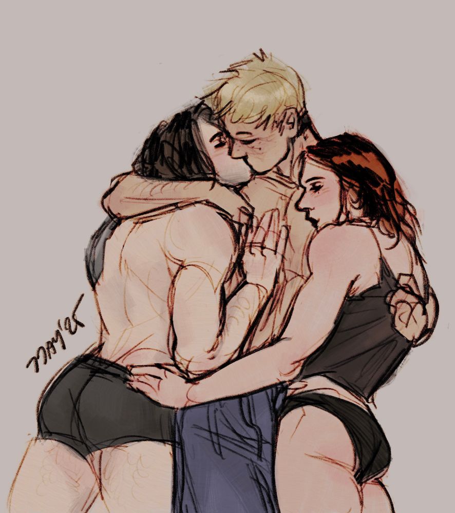 Digital fanart of Bucky Barnes, Natasha Romanaff and Clint Barton cuddling in sleep clothes/underwear, Clint and Bucky are kissing