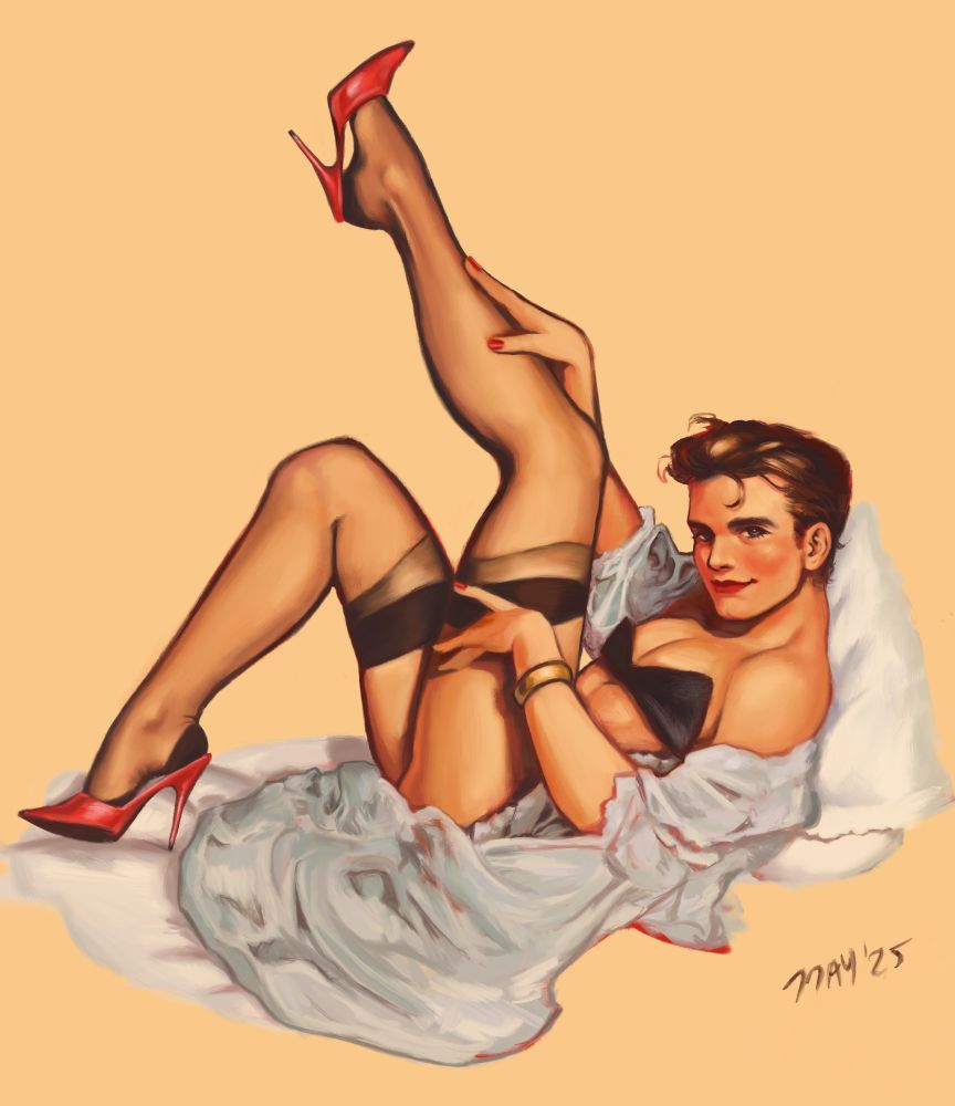 Digital Painting. A young Bucky Barnes in a pin-up girl outfit and pose (referenced from a painting by Gil Elvgren)

Bucky is lying on his back on white pillows/sheets. He is wearing red stiletto heels, panty hose, a black bra, a chunky golden bracelet, and a gauzy robe that is mostly underneath him and falling off his shoulder. His fingernails are painted red and he is wearing red lipstick as well as some other makeup. 

One leg is raised, the other bent. His hands rest on the raised leg. His head and shoulders are propped up with the pillows, he faces the viewer with a sweet but cheeky smile.