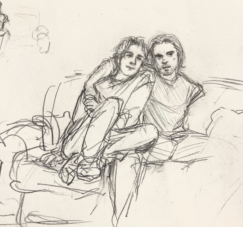 Pencil sketch of Bob and Bucky from the movie “Thunderbolts*” They are sitting together on a couch, bucky’s arm is around bob’s shoulders and bob is holding his hand, their heads are leaning towards each other’s. 