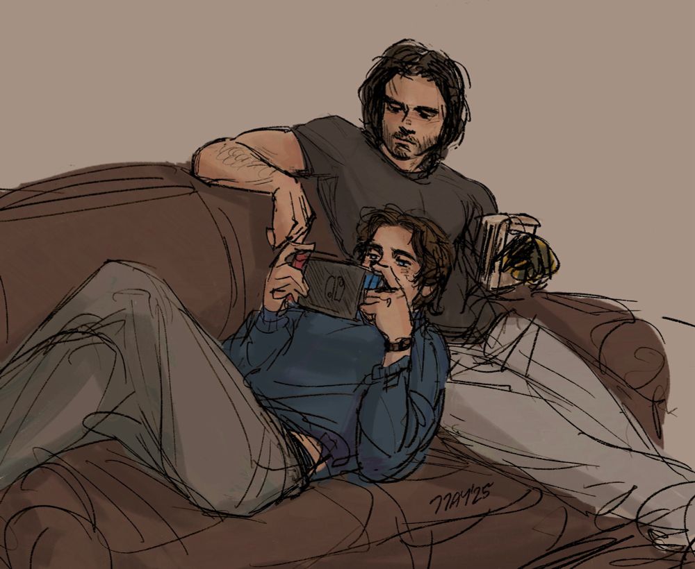 Digital art of Bucky Barnes and Bob Reynolds from “Thunderbolts”

They are sitting together on a couch wearing comfortable looking clothes. Bob (left) is laying across the couch and resting his head on Bucky while he plays on a nintendo switch. Bucky is sitting on the right, one of his arms is resting on the back of the couch and his vibranium arm is holding a book (folding the cover all the way back), he is glancing over to see what Bob is playing.