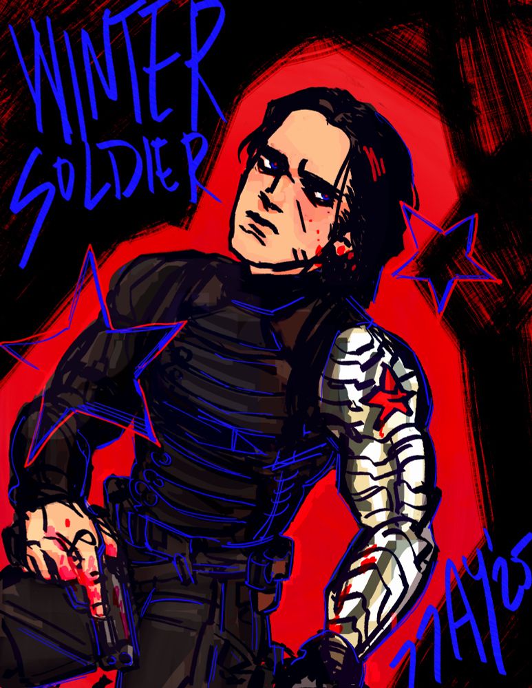 Fanart of the winter soldier from MCU, bold lines and colours, bright red background and highly saturated blue accents