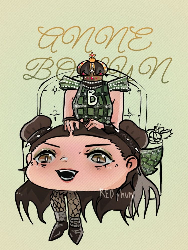 Illustration of Anne Bolyn in Six the musical costume sit on the line art chair with her head on the lap and the queen crown on the neck.