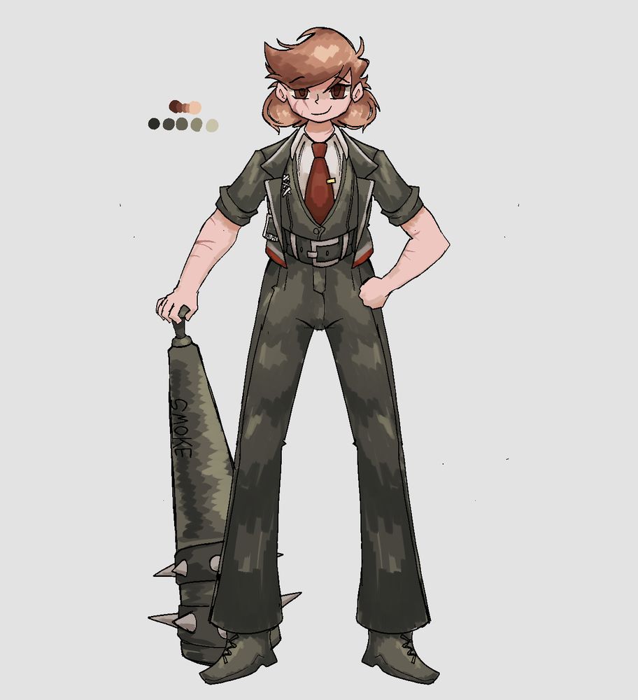 "Ralphie," my fanmade sinner for the game Limbus Company. She has a large club with the word "Smoke" written on it, a standard LCB uniform with the sleeves rolled up, and short fair hair.