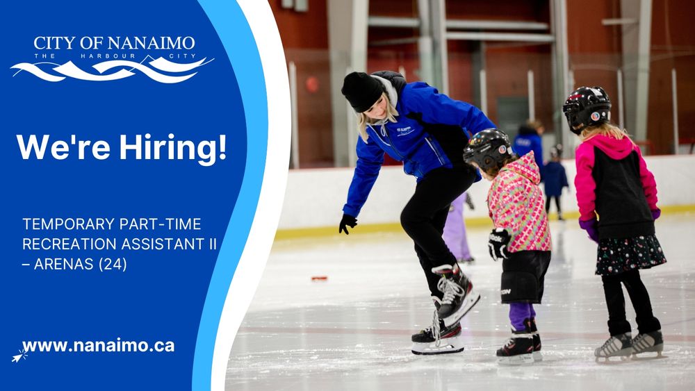 instructor is teaching two children how to ice skate.