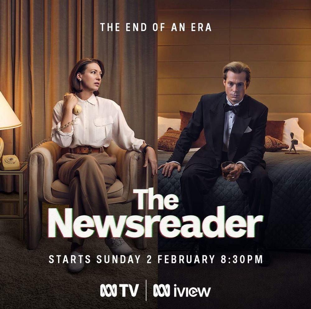 An image split in two. On the first half of the picture Anna Torv’s character Helen is sitting in a chair. She’s wearing equally flowy white shirt and maroon pants. She’s holding a phone. On the second half of the picture Sam Reid’s character Dale is seating on a bed. He’s wearing a black suit and holding a glass of whiskey in his hand. He looks pale and deep in this thoughts.