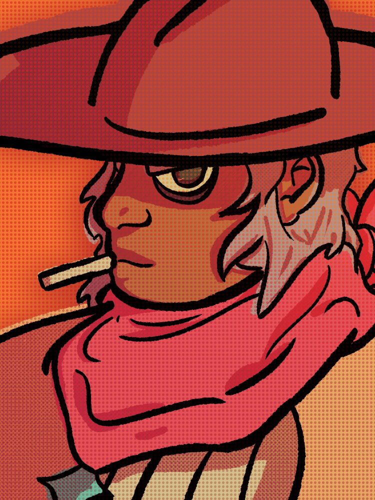 Hector, a cowboy, looking at the viewer from under his hat; smoking a cigarette.