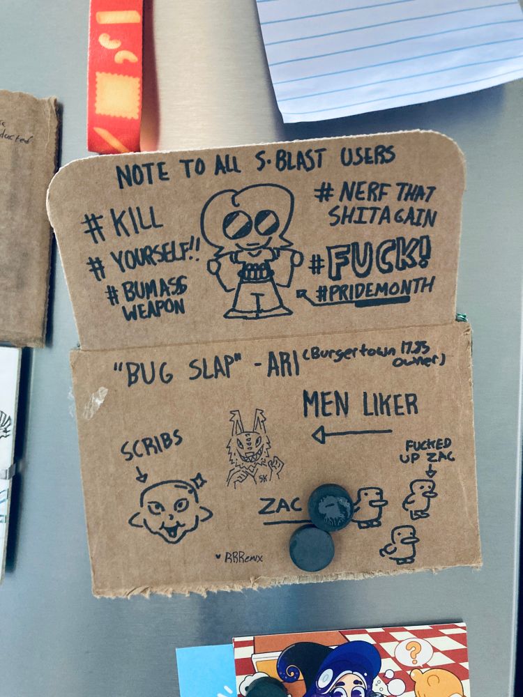 a package Alan sent me that has drawings all over it that say shit like note to all sblast users: #KILL #YOURSELF!! #BUMASSWEAPON #NERFTHATSHITAGAIN # FUCK #PRIDEMONTH with a drawing of his oc with a bomb strapped to their chest