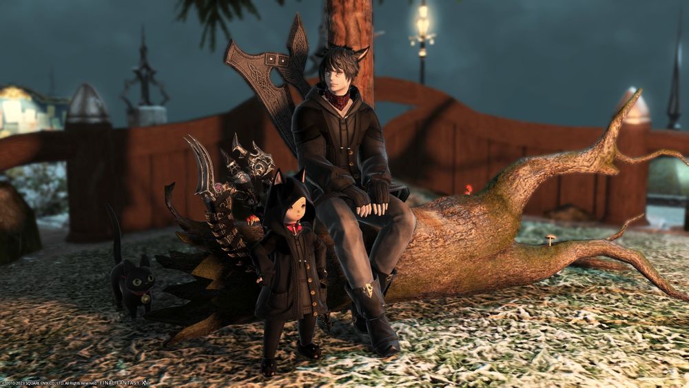 Raina and Binx in their Reapurr garb during Endwalker. Raina is standing, looking at a bonfire, while Binx is sitting and looking at the viewer. Binx's cat, Cobweb, is nearby. They are in Empyreum at night.