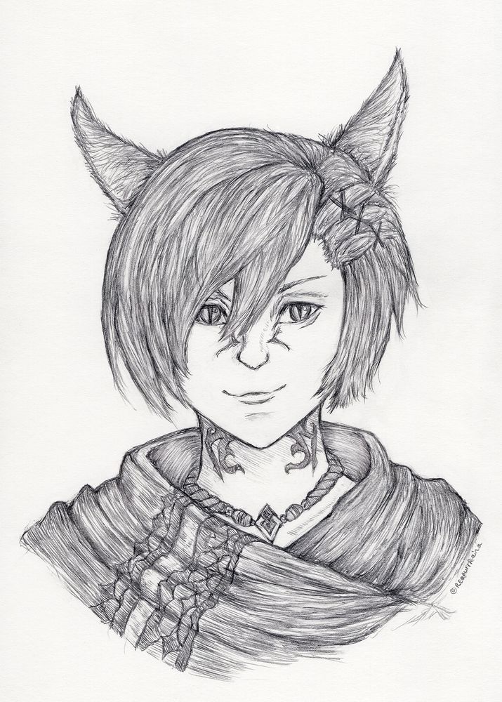 A traditional pencil sketch of G'raha Tia from FFXIV.