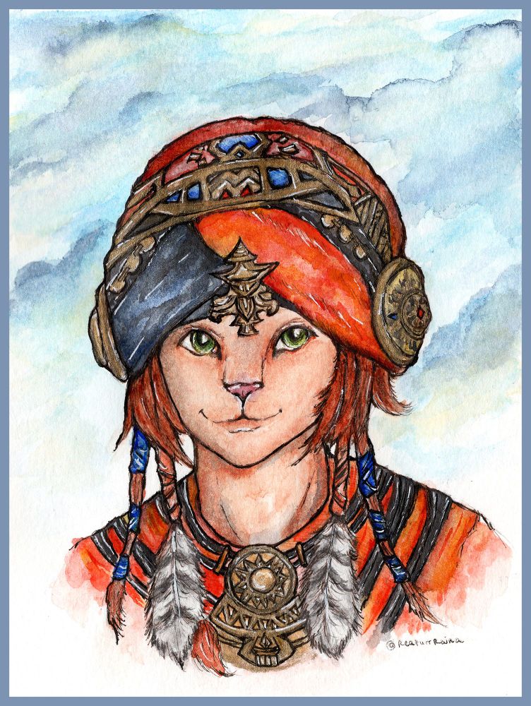 A traditional watercolor and ink painting of Wuk Lamat from FFXIV in her patch 6.55 attire. She is smiling warmly at the viewer. There are light clouds in the background.