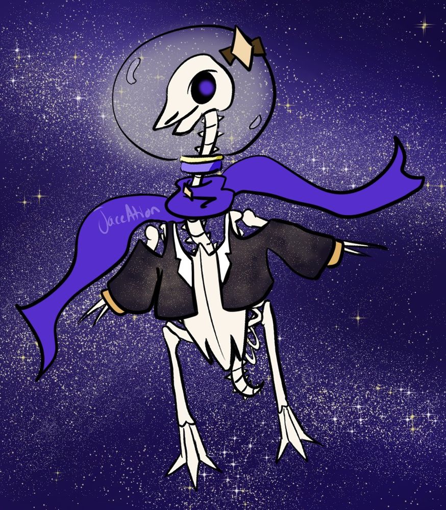 Digital art of a cartoon-ish skeleton of a penguin wearing a space suit helmet, indigo scarf and starry jacket. The penguin appears to be floating around in a very starry and purple space.