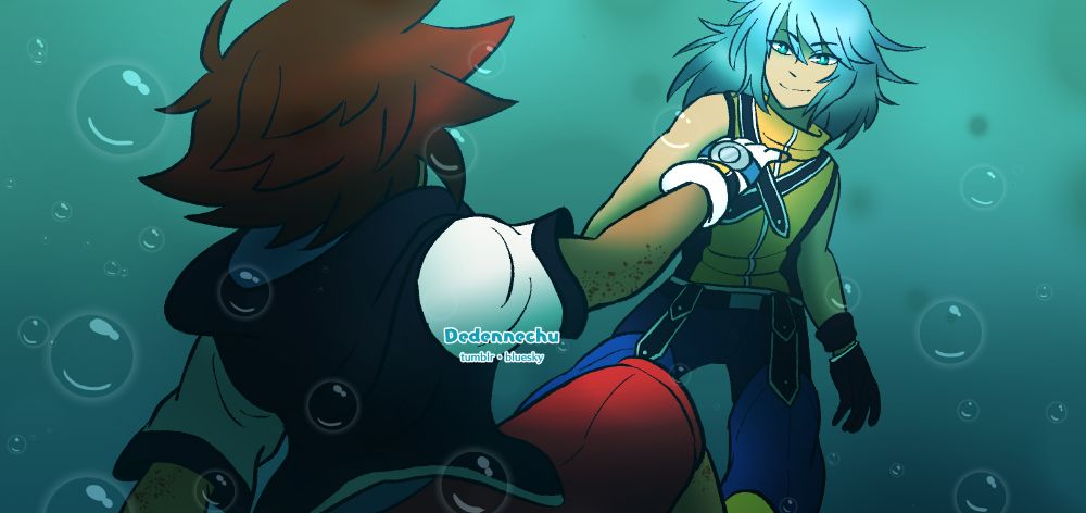 A screenshot redraw artwork of Sora and Riku underwater from the Kingdom Hearts 1 opening. The view is at Sora's back as he's being swept by the waves, reaching out his hand for Riku who floats before him. Riku smiles at him, eerie and calm despite the two of them being submerged by the waves. A torrent of bubbles are flurried around them.