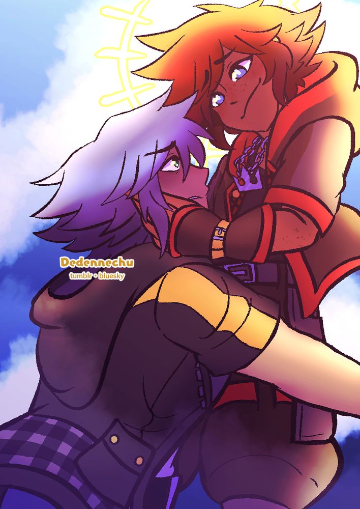 An artwork of Sora and Riku from Kingdom Hearts. Riku is gazing up at Sora, who's holding his face lovingly. The sunlight behind Sora's head makes him appear like a heavenly figure as a strange halo of light is circled behind him. He's casting a shadow over Riku's face and Riku looks troubled and exhausted, but longing.