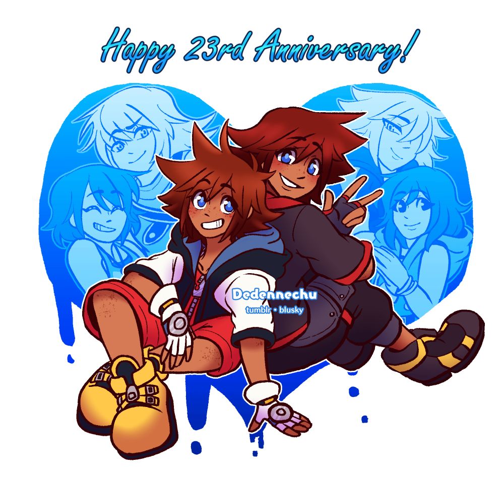 An artwork of two versions of Sora, the Sora of Kingdom Hearts 1 and the Sora of Kingdom Hearts 3, sitting back to back. KH1 Sora grins cheekily at KH3 Sora while KH3 Sora is smiling at camera over his shoulder while making a peace sign with his hand. Behind them is a blue heart backdrop, where you can see Riku and Kairi reflected in the surface. Kingdom Hearts 1 Riku and Kairi are smiling beside Kingdom Hearts 1 Sora, and Kingdom Hearts 3 Riku and Kairi are beside Kingdom Hearts 3 Sora.

A cursive font above them reads "Happy 23rd Anniversary!"