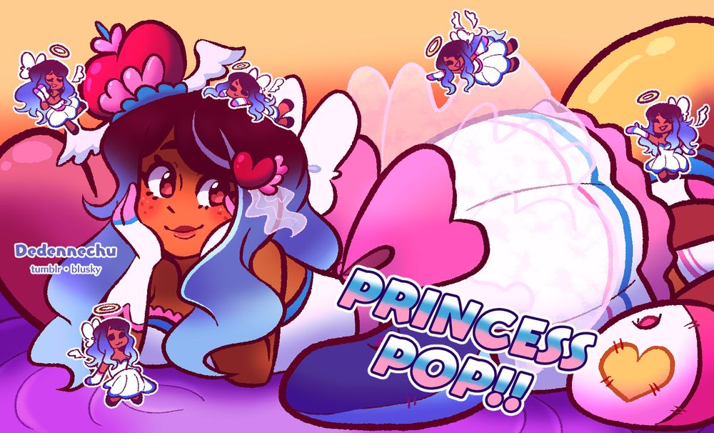 An artwork of an OC, Hinata. She's wearing a frilly dress of white, pink, and blue. She has a crown on her head and a hairpin that's shaped like hearts, the crown having angel wings. She's laying among patchwork pillows of various bright colors, as if posed for an adorable photoshoot. Little cartoon angel versions of herself are posed around her, looking a bit like stickers.