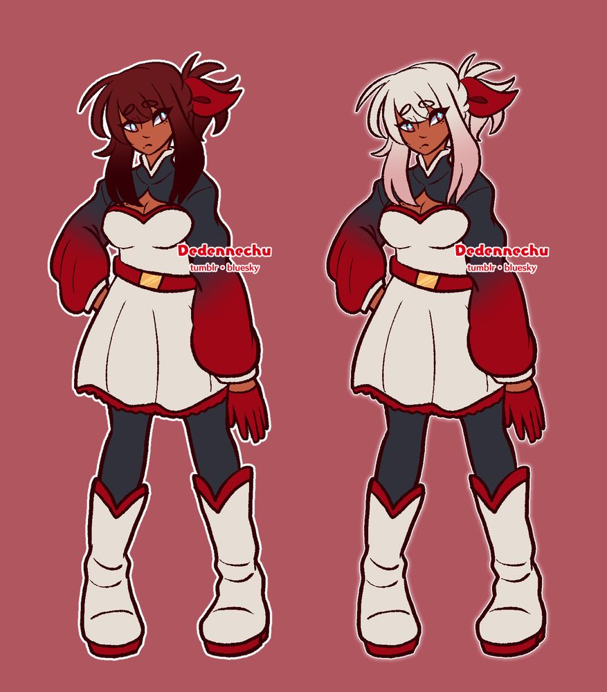 Two full body refs of Lunelle. One is her appearance with her usual reddish brown hair and pink eyes. The second is one where her eyes are now red with plus sign shaped white pupils and her hair has gone white with a pink gradient. The white haired Lunelle has a whitish pink glow around her.