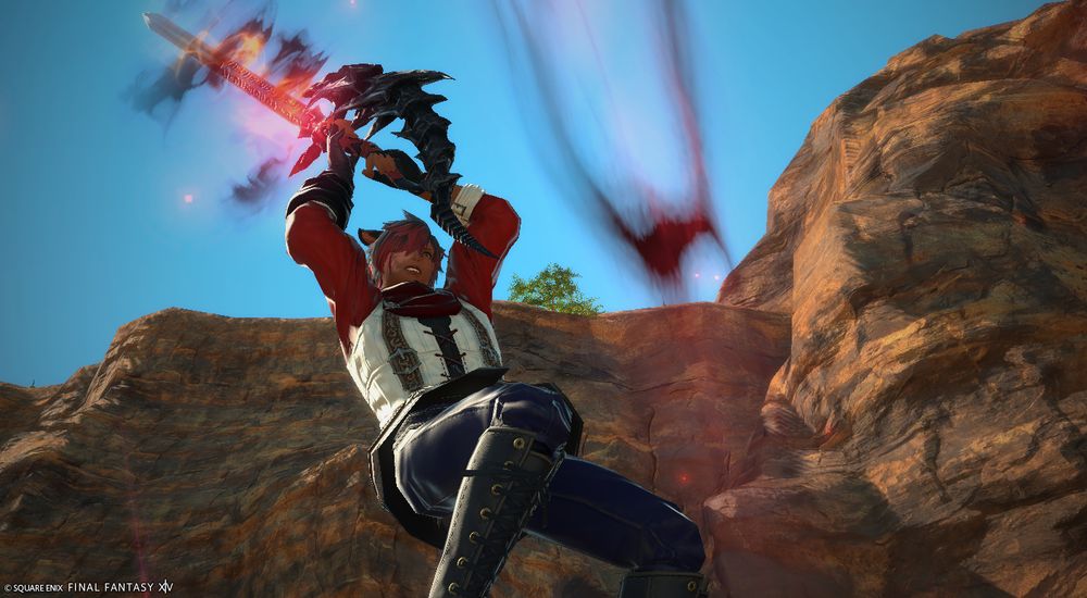 Another FFXIV GPose of Miqo'te OC, J'mhati. He's leaping into the air, angled to swing his blade down at a target below him with both hands braced on the hilt. Black and red energy flows around the sword blade in preparation to unleash a devastating blow. J'mhati's expression is intense, his eye wide and his teeth gritted as he braces for impact.