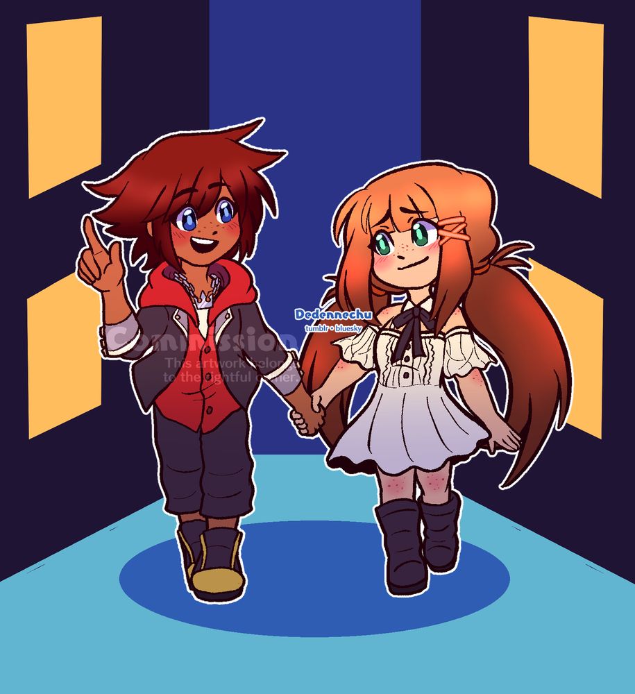 A chibi commission of Sora and Strelitzia. They're holding hands and walking through the city while Sora is talking and Strelitzia is smiling as she listens. They're both in their Kingdom Hearts IV outfits.