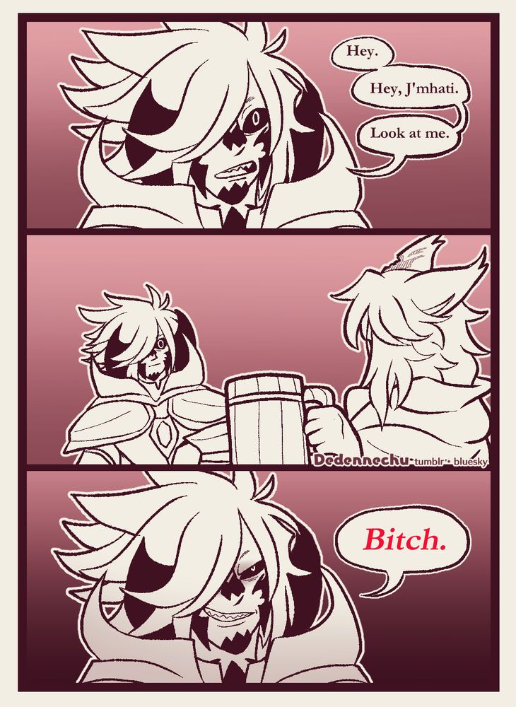 A FFXIV comic. Sidurgu sits across from J'mhati (WOL) and calls for his attention by saying "Hey. Hey, J'mhati. Look at me." When J'mhati looks at him, he sneers at him and calls him a "bitch".