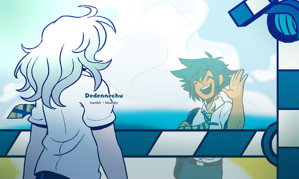 An artwork inspired by the MikitoP song, "Shoujo Rei (Ghost Girl)". The camera angle is behind Riku, who stands at a railway crossing in a school uniform. The barricade is lowered, signally the approach of a train. On the other side of the rail barricade is Sora, who's smiling wide at him and waving him a greeting. Sora is slightly transparent, indicating that he's likely a ghost or a memory.

The colors used for this artwork mirror the colors of the official artwork of the original song, highlighting everything in Blue, White, and Green.