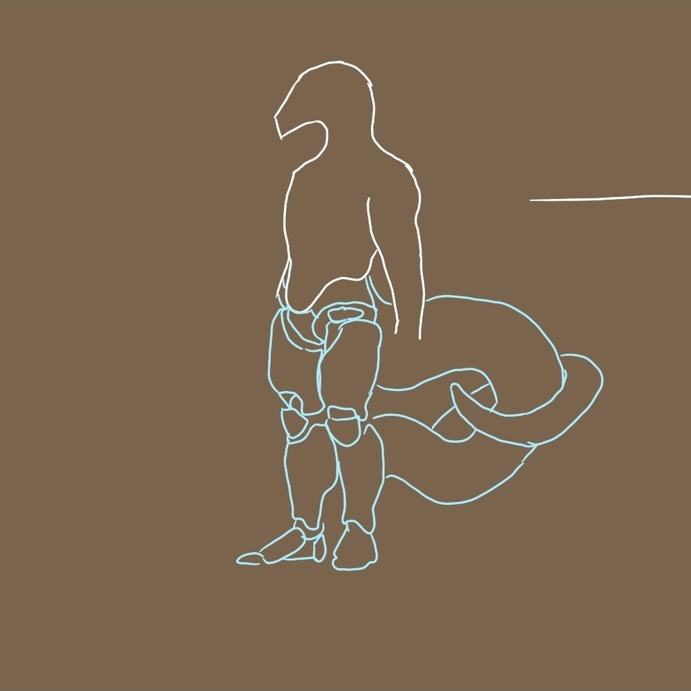A very rough outline of a person with robotic legs and a vague snake-shaped thick tail. The rear half of an arrow goes off to the right.