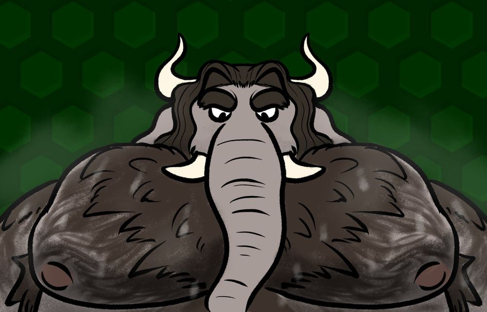 Titan, an anthro bull/elephant hybrid, looking down at the viewer over his massive pecs, which are covered in hair. He is steaming and covered in sweat.