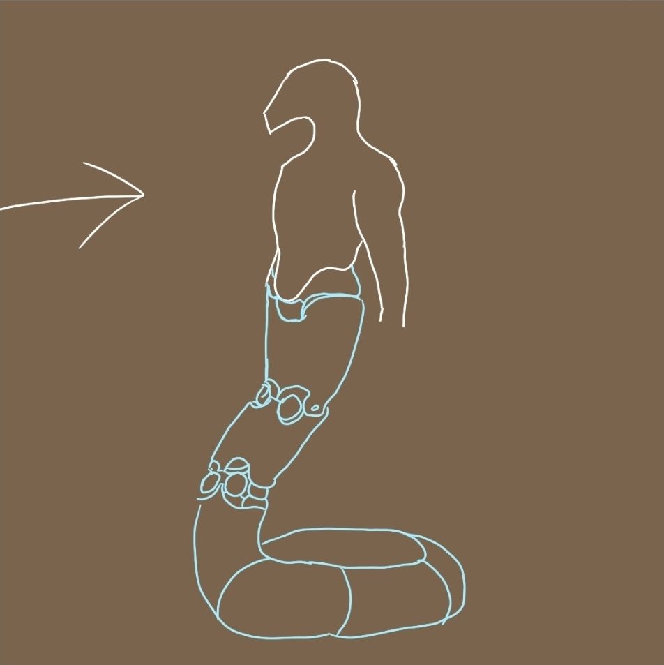 The same person-figure but the legs have come together and fused with the tail to form a single, naga-like bottom half with no humanoid legs. I got too lazy to draw any more mechanics