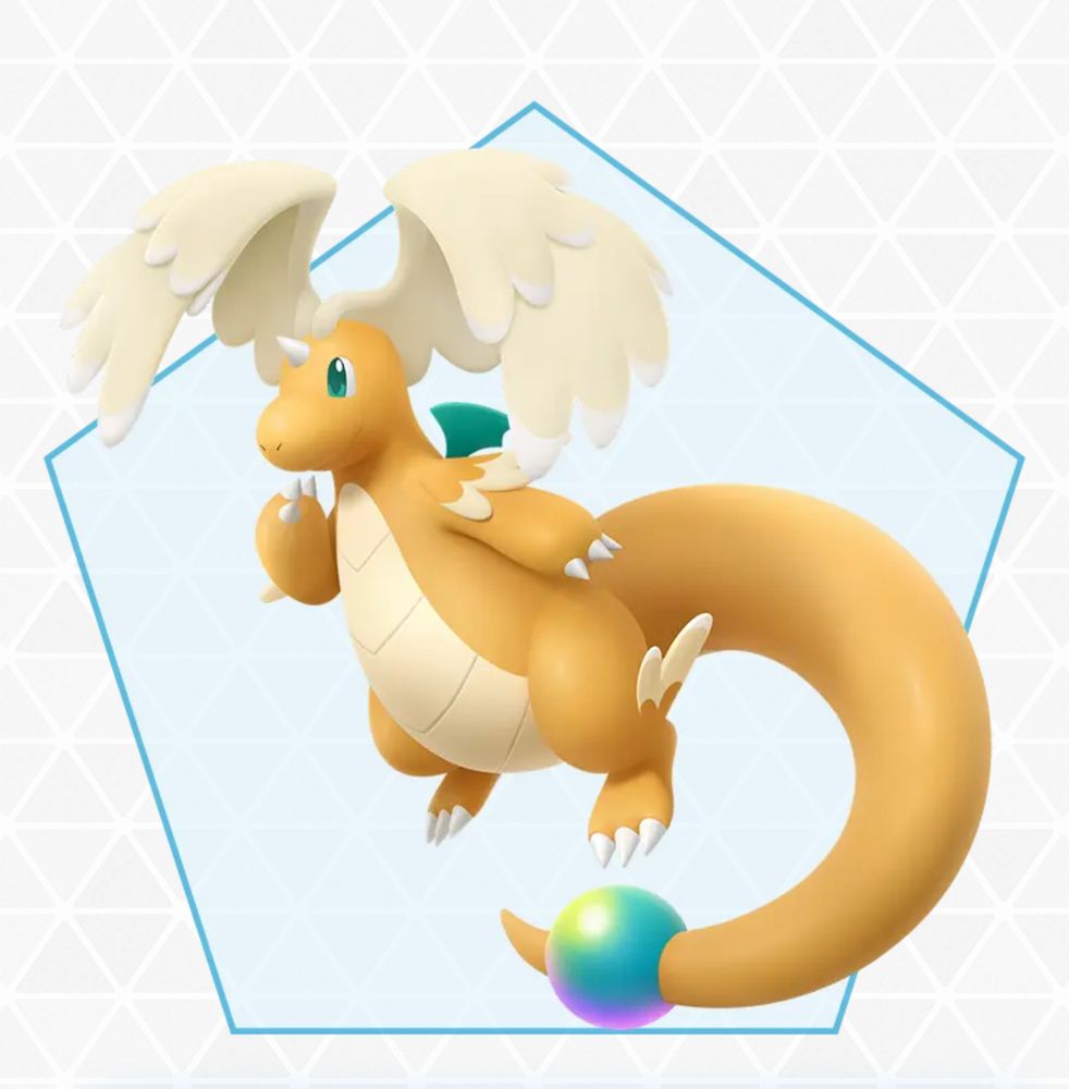 Picture of Mega Dragonite. It looks like a normal Dragonite, except it has an elongated tail with a rainbow orb at the end and wings from its head, calling back to its previous evolution Dragonair. 