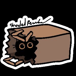 A simplified doodle of a round black cat with large round orange eyes hiding in a paper bag.