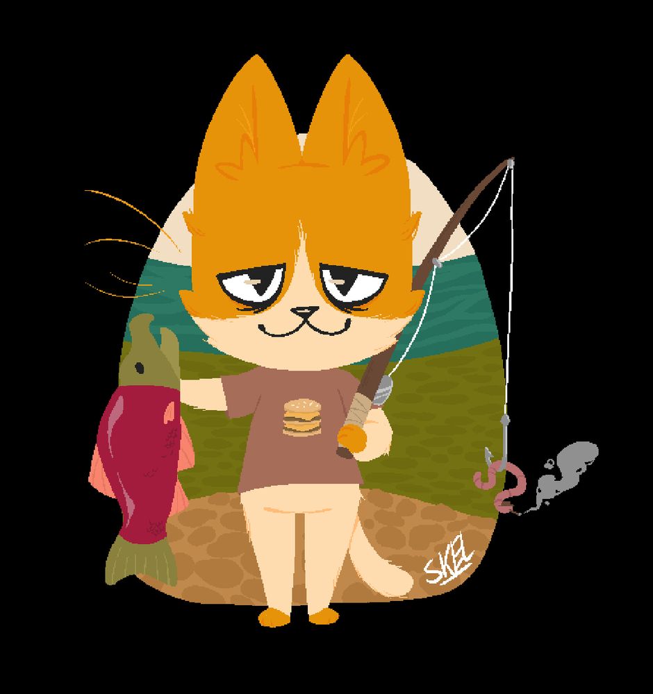 Two toned orange cat wearing a brown burger shirt holding an alaskan salmon and fishing rod. on the hook of the rod is a dull pink worm with a tiny cowboy hat and tiny cigar with smoke