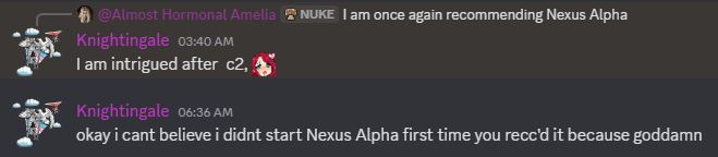 A Discord screenshot showing someone being enthusiastic about the novel series Nexus Alpha by Ela Bambust, upon recommendation by another reader