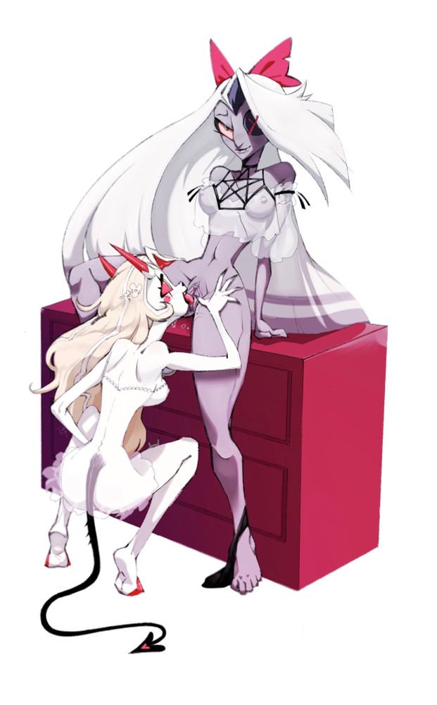 Two women, one a fallen angel, the other a demon princess, have sex. Charlie, the demon princess, gives cunnilingus while Vaggie, the angel, seems happy.