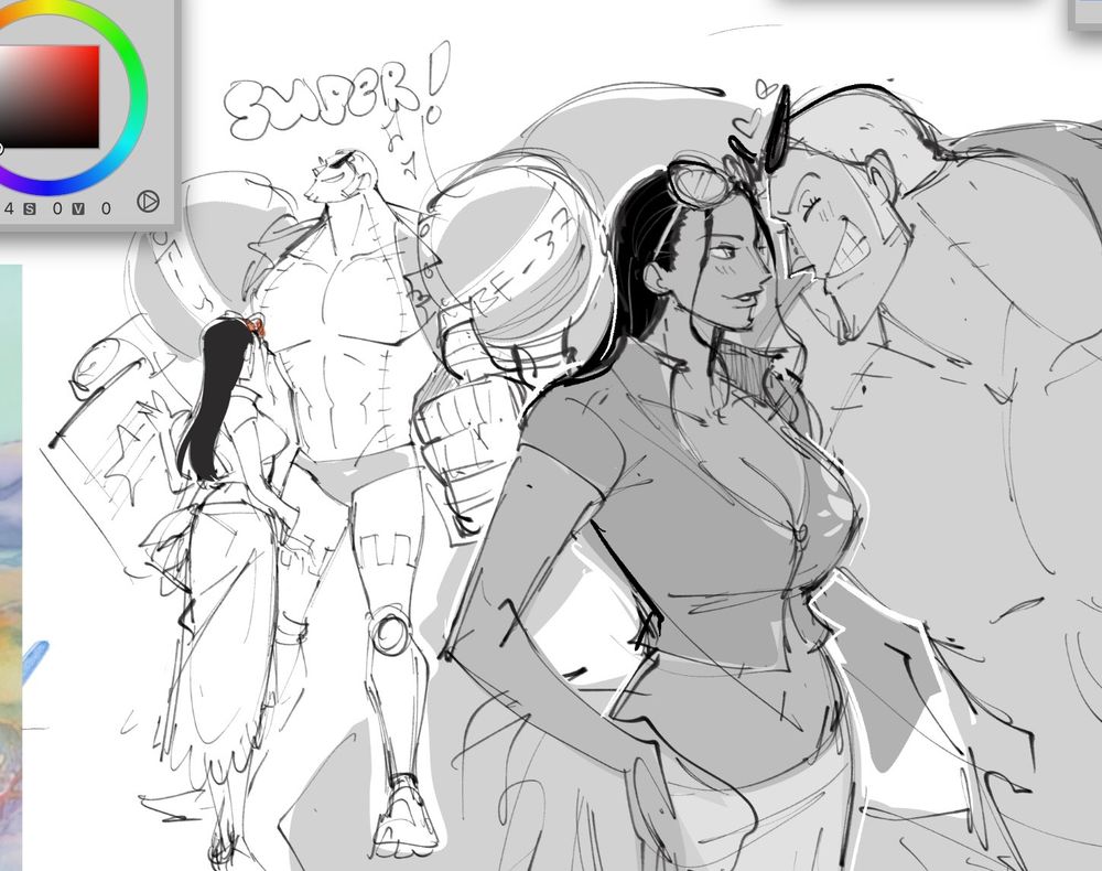 Franky and Robin, in their timeskip designs! Franky thumbs up to Robin, and in another drawing, Franky giggles while him and Robin touch forheads.. 💜💙
