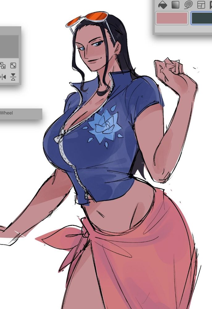 Nico Robin, wearing her timeskip outfit! She's smiling at the viewer! I'd blush!!!