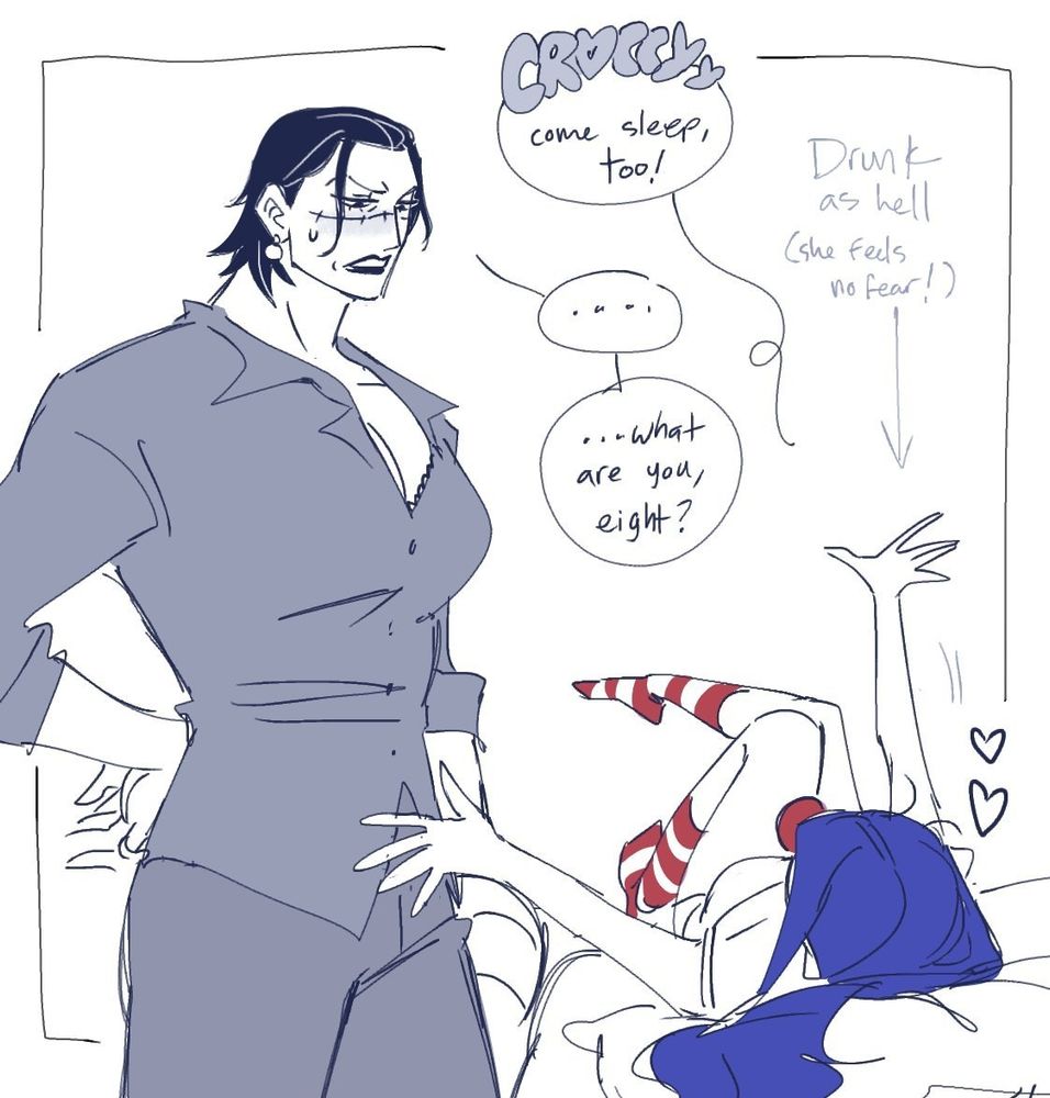 Buggy is drunk, and sleepy! She wants Crocodile to lay in bed. Crocodile finds it ridiculous, but she's blushing..