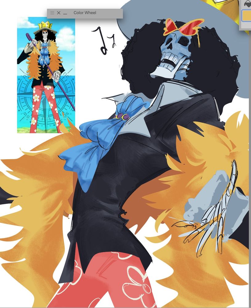 Drawing of Soul King Brook, in his timeskip outfit! He's singing and extending a hand to the viewer!