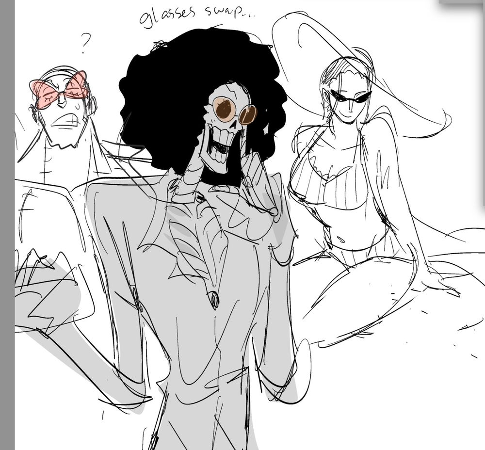 Franky, Brook, and Robin swap sunglasses for funsies! Franky is rocking Brook's heart glasses, Brook has Robin's aviators, and Robin has Franky's sleek black sunglasses! 