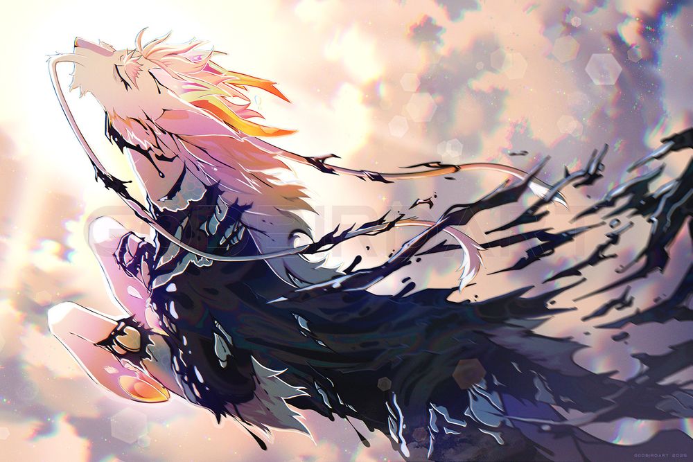image is a digitally illustrated artwork of a kirin-like creature rearing up into the sun's glow. a vortex of clouds encircle above, framing the kirin as it sheds a dark, oily substance from its scales and fur. #furryart #furry #anthro