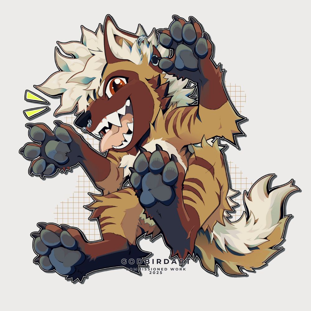 image is a digitally illustrated drawing of an anthropomorphic striped hyena pouncing with a fanged smile and big, sharp claws. #furryart #furry #anthro