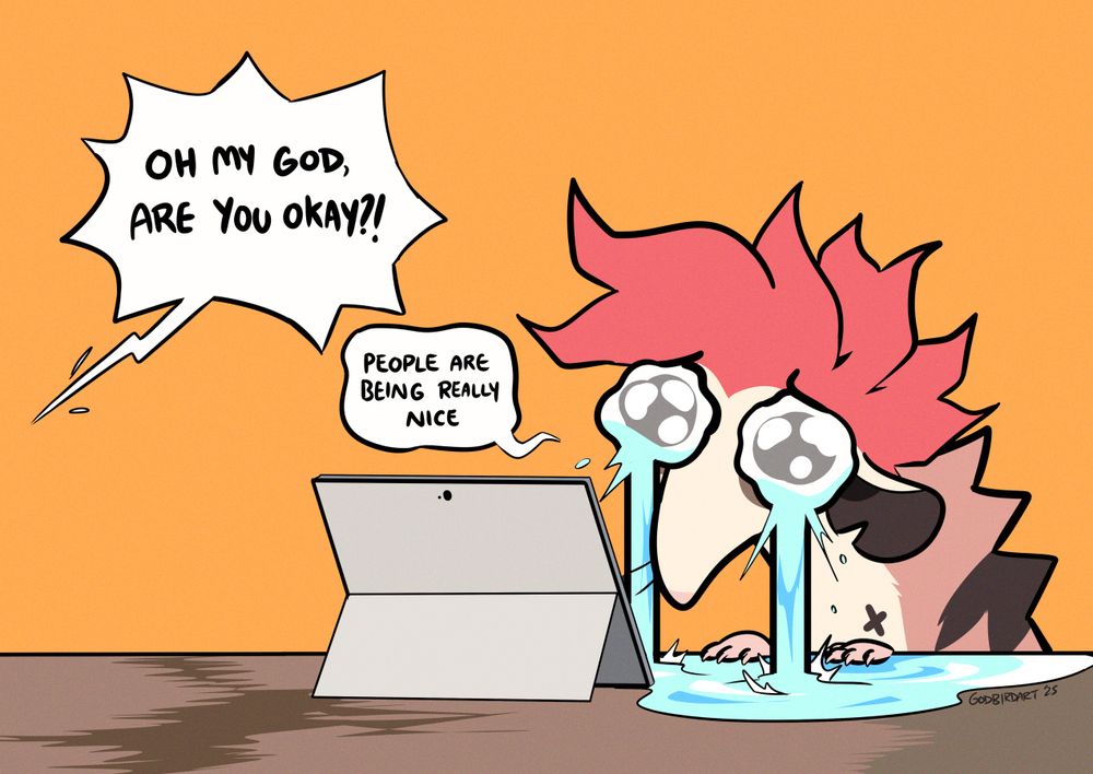 image is a drawing on an anthropomorphic rodent weeping streams of tears in front of a tablet screen. The tears pool around the table surface. Off-screen someone exclaims: "oh my god, are you okay?!". The rodent replies: "people are being really nice". #furryart #furry #anthro