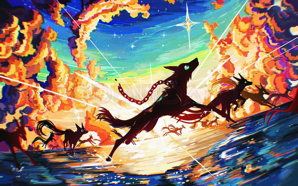 image is a digital illustration of a pack of lean canine silhouettes racing across a watery reflective surface. the sun radiates behind them, low on the prismatic horizon. warm clouds halo the starry sky. the canine in the center of the canvas looks hopefully upward to a shooting star as a broken chain trails off its throat. #furryart #furry #art