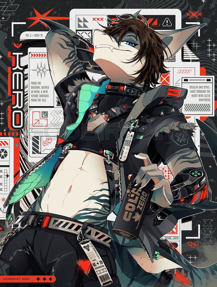 Image is a digitally illustrated portrait of an anthropomorphic shark character dressed in dark cyberpunk-themed attire. their clothing, consisting of a high-neck crop top, jacket, and trousers, are accented with illuminated red elements. futuristic bracers and a collar also feature these same illuminated accents. in one hand they hold a zero-sugar cola can by the top. their other hand is up and behind their head in a lax, carefree manner. text in the backdrop reads: "from the shadow, bathed in neon, a new future emerges from the veil. stealth and style: race through the night with sleek swiftness." #furry #furryart #anthro