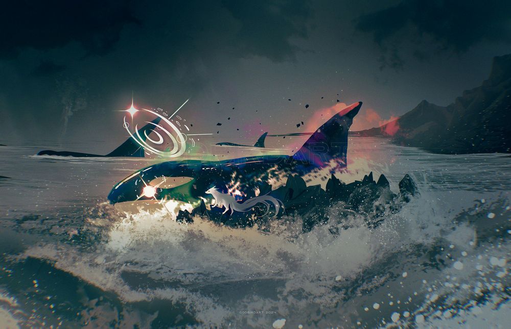 image is a digital illustration of a white canine-shaped animal stranded far from shore on a rocky crag. The tempestuous waters of the ocean churns about, frothing with seafoam and crashing against the stone. An orca pod are traveling through. One orca has diverted to investigate the canine. Unlike its ordinary podmates, this orca has a luminous halo with a star hovering above its blowhole. Its eyes glow with a bright light, and multicoloured smoke billows from its body as it breaches the waves. #furryart #art