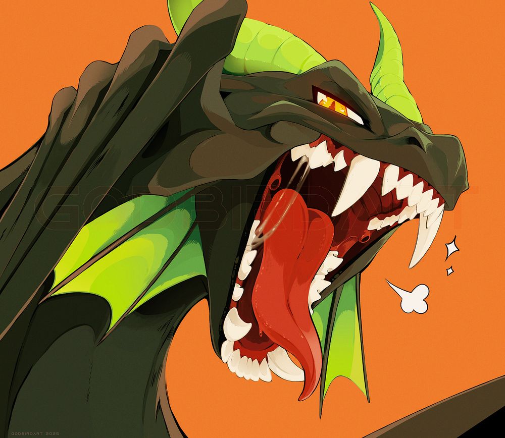 image is a digital portrait of an anthropomorphic wyvern pulling his upper lip back to emphasize his wide maw full of lionlike fangs. #furryart #furry #mawart