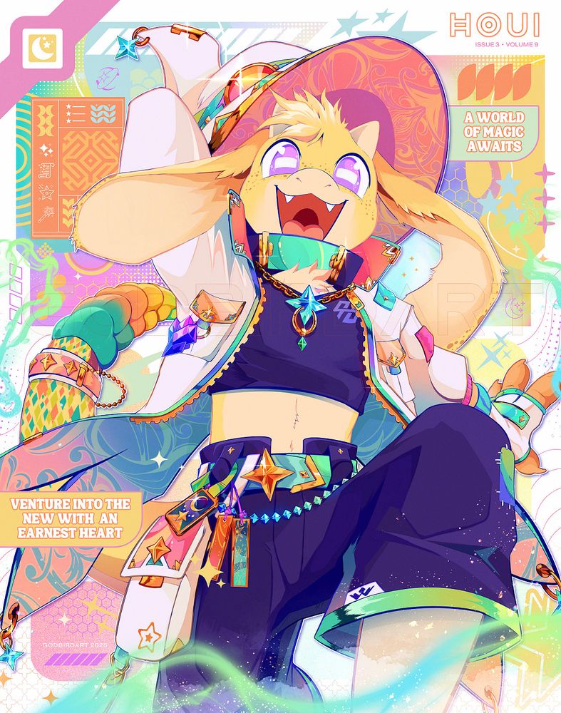 image is a digitally illustrated portrait of an anthropomorphic chimera character dressed in vibrant, brightly coloured attire. small shiny beads, gems, and golden stars accent their clothing. the text in the artwork reads: "A world of magic awaits", and "venture into the new with an earnest heart" #furryart #furry #anthro