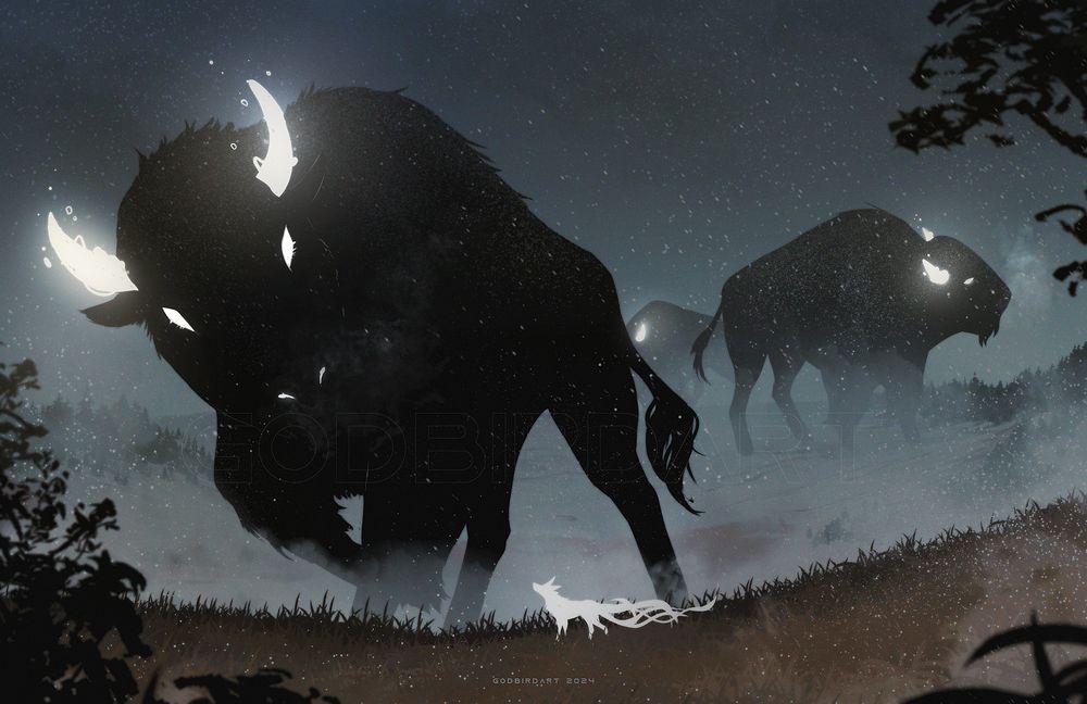 image is a digital illustration of a small white silhouette of a canine in tall, dry wintered grass. it is looking up towards an incoming group of shadowy bison with radiant illuminated horns and eyes. they stand large, towering giants over the prairie as they traverse through the encroaching dusk dusk fog.  one bison has caught sight of the canine and is approaching the elevated hillside towards it, peering down at it. #furryart #art
