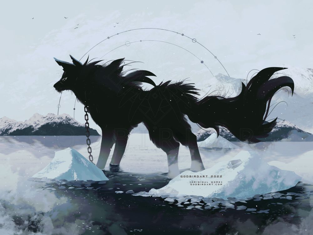 Image is a digital drawing of a shadowy silhouetted canine standing among ice floes in arctic waters. The canine is immense in size, with a thick chain hanging from its throat. A wall of mountains line the skyline far in the backdrop. #furryart #art